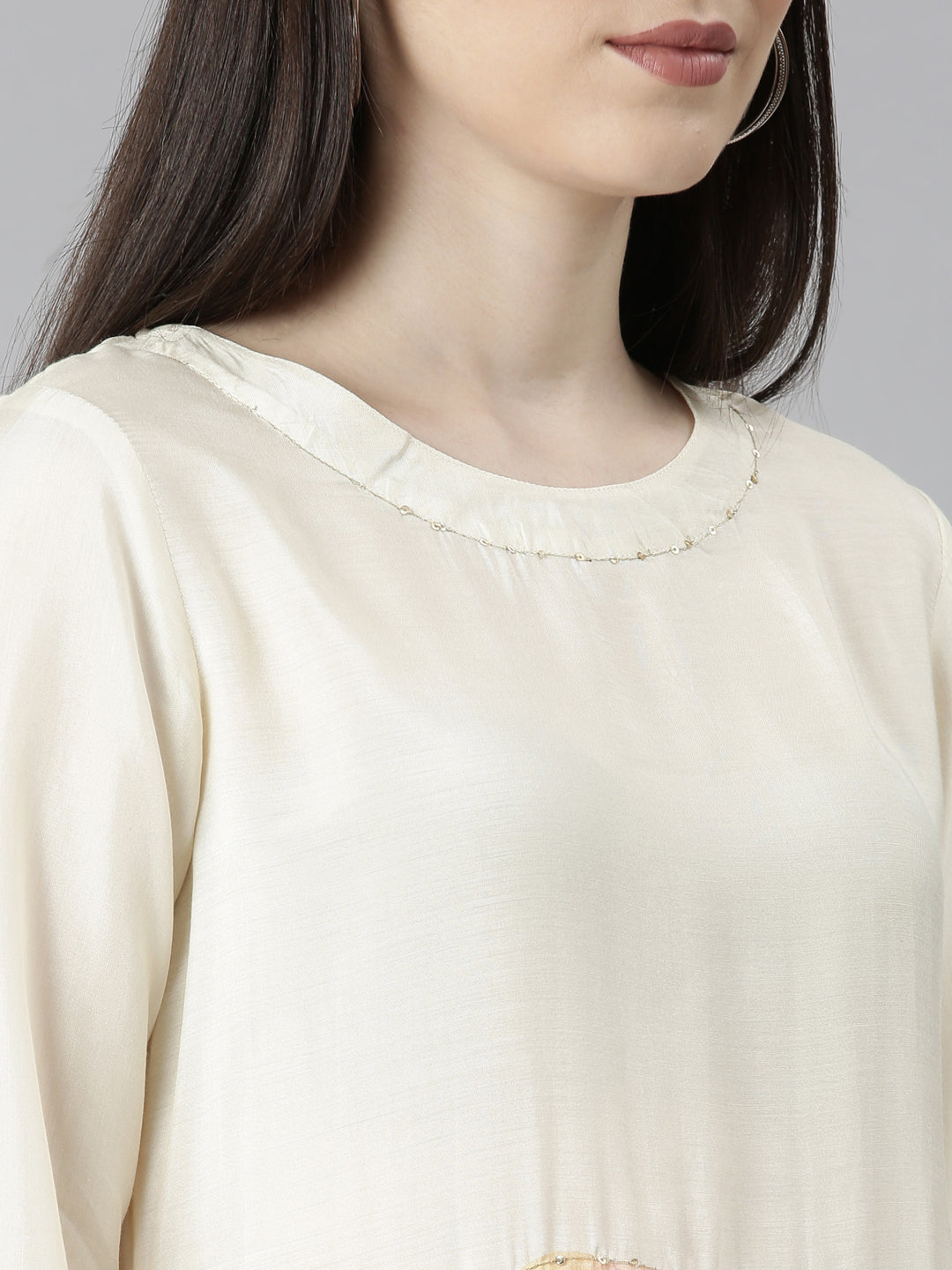 Neerus Beige floral printed kurta set with palazzo - detail view 1