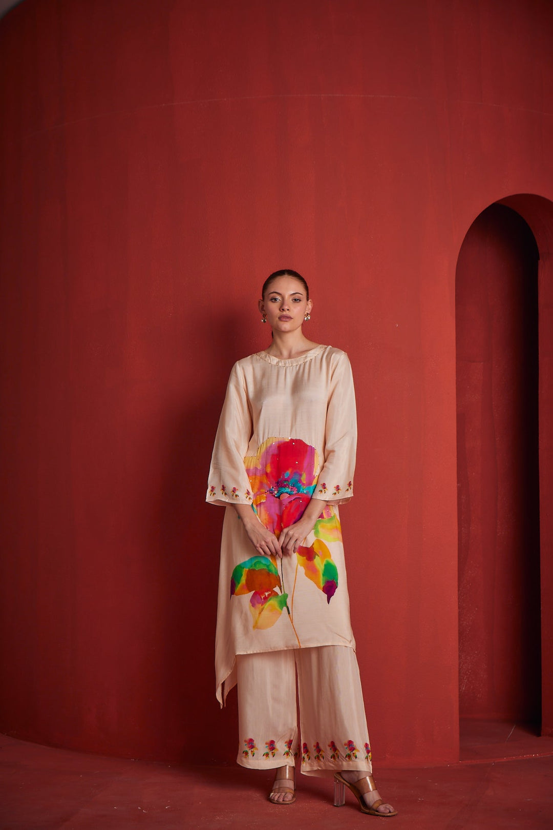 Neerus Beige muslin printed kurta set - front view