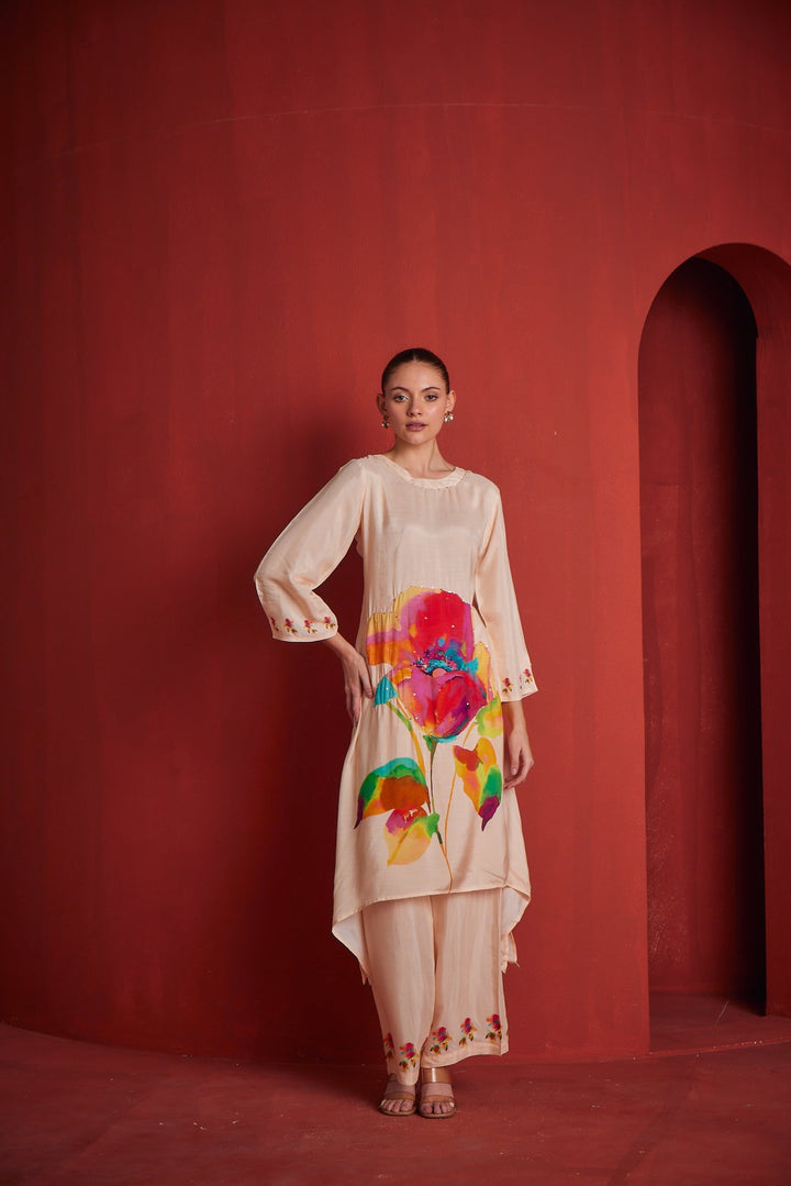 Neerus Beige muslin printed kurta set - back view