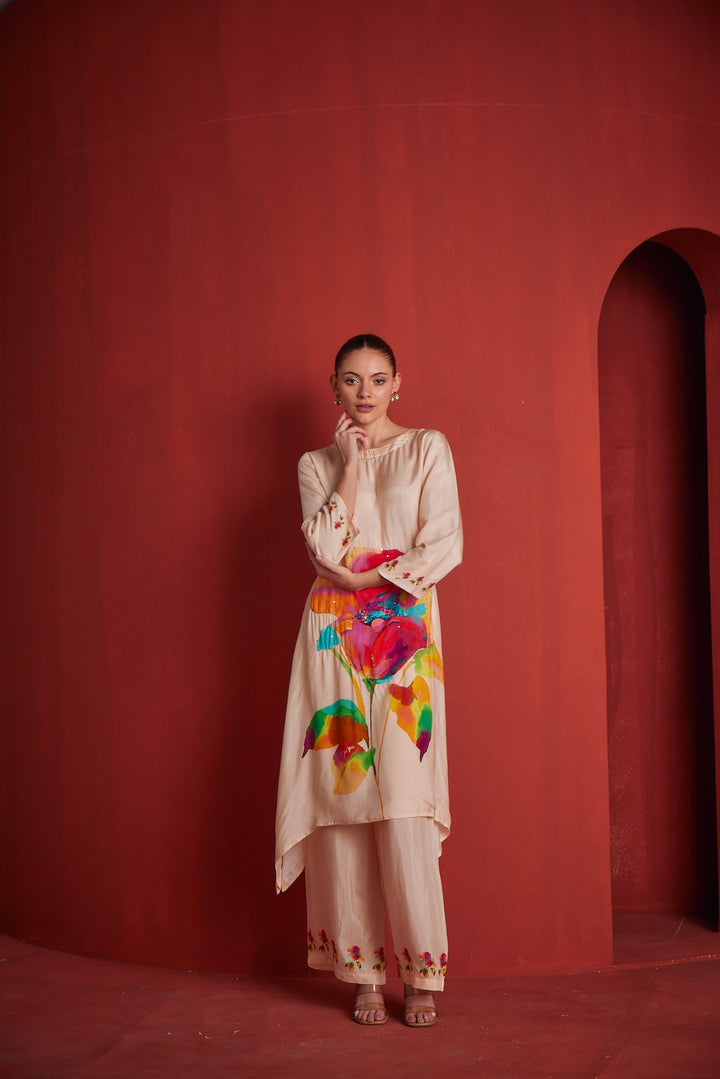 Neerus Beige muslin printed kurta set - side view