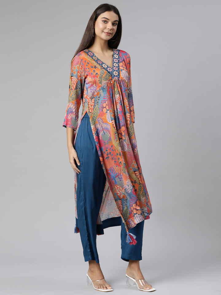 Neerus Multi chiffon printed Nyra cut suit set - back view