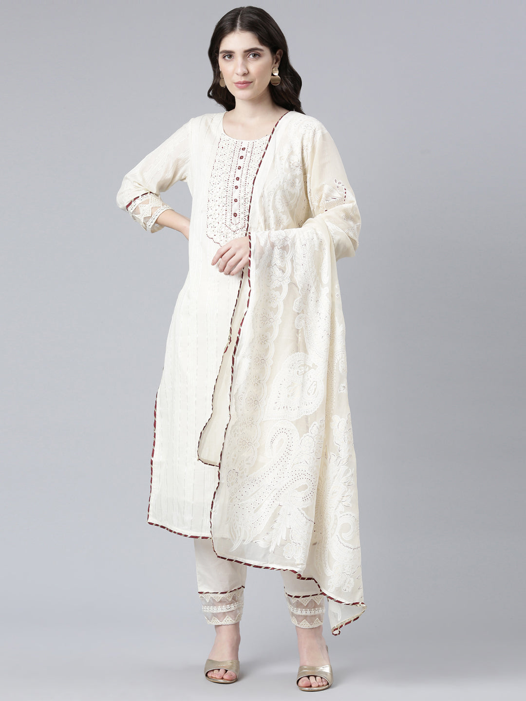Neerus White cotton solid kurta set with trouser and dupatta - front view