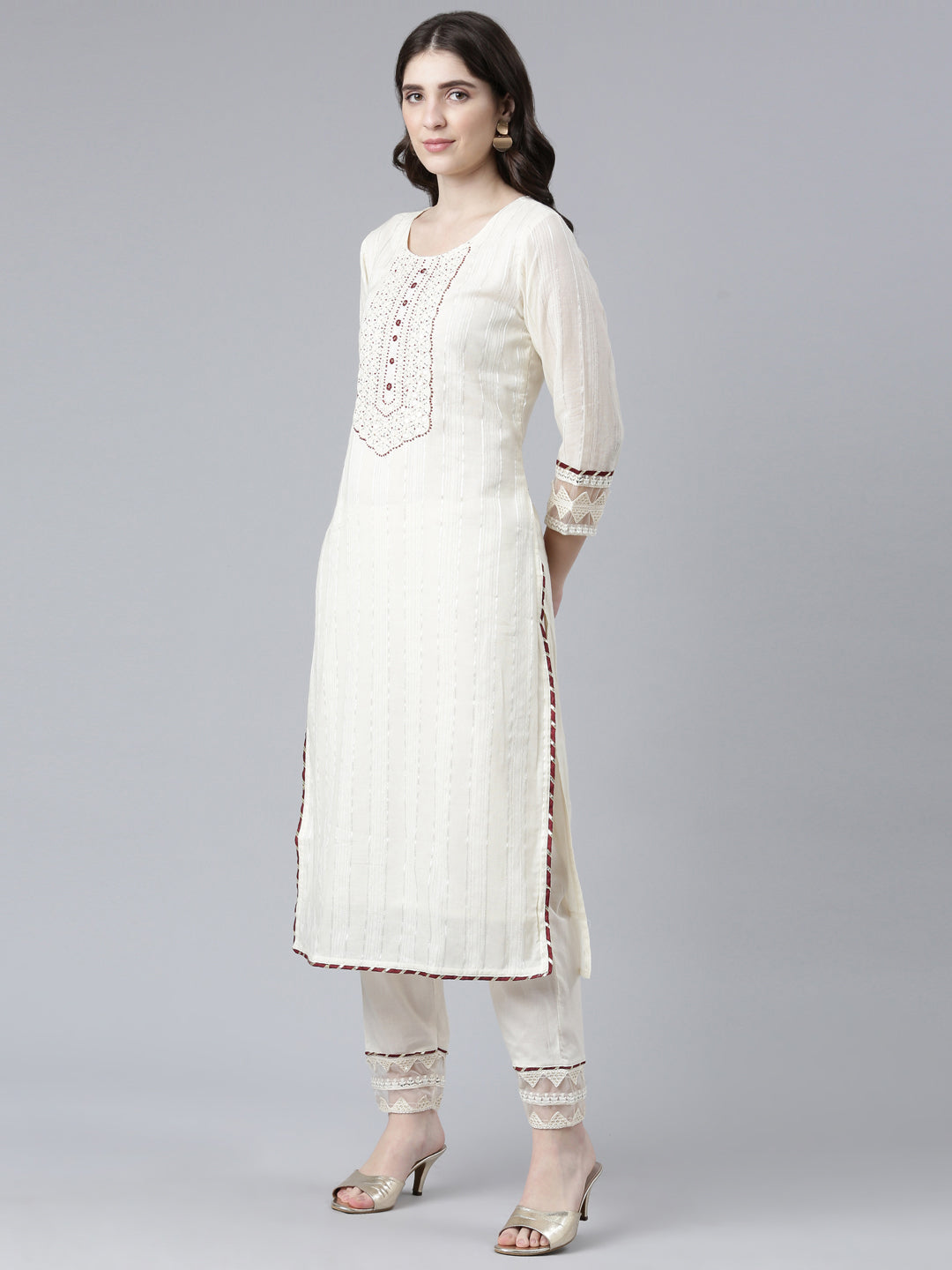 Neerus White cotton solid kurta set with trouser and dupatta - back view
