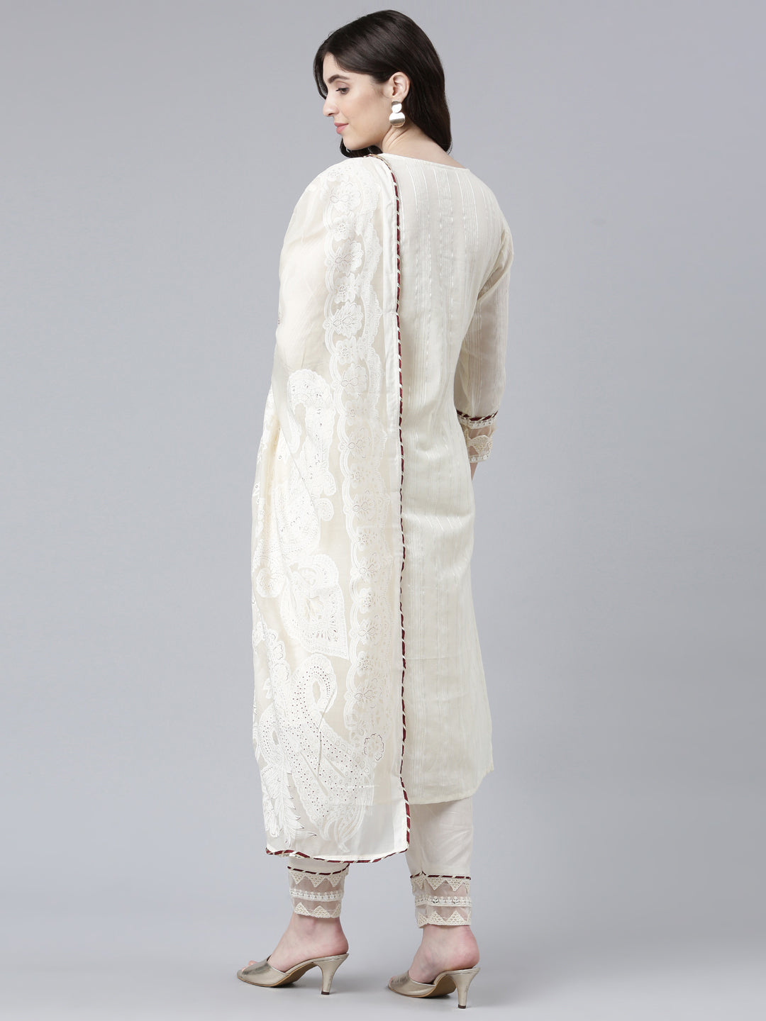 Neerus White cotton solid kurta set with trouser and dupatta - side view