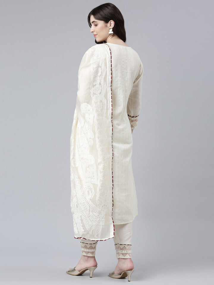 Neerus White cotton solid kurta set with trouser and dupatta - side view