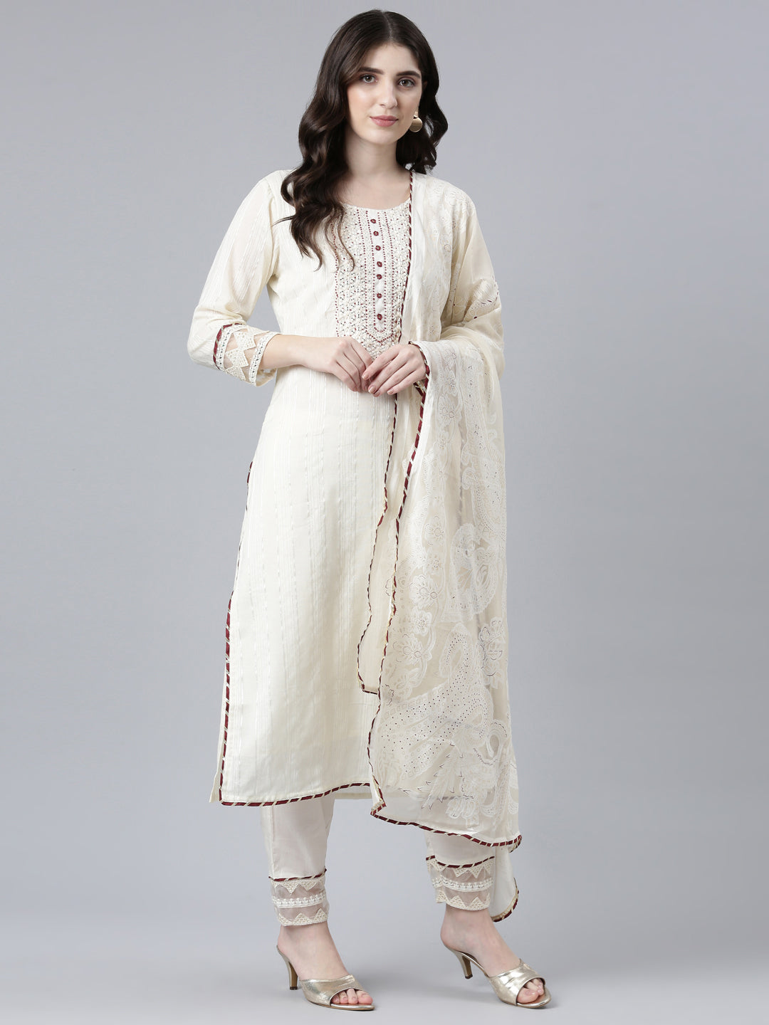 Neerus White cotton solid kurta set with trouser and dupatta - detail view 2