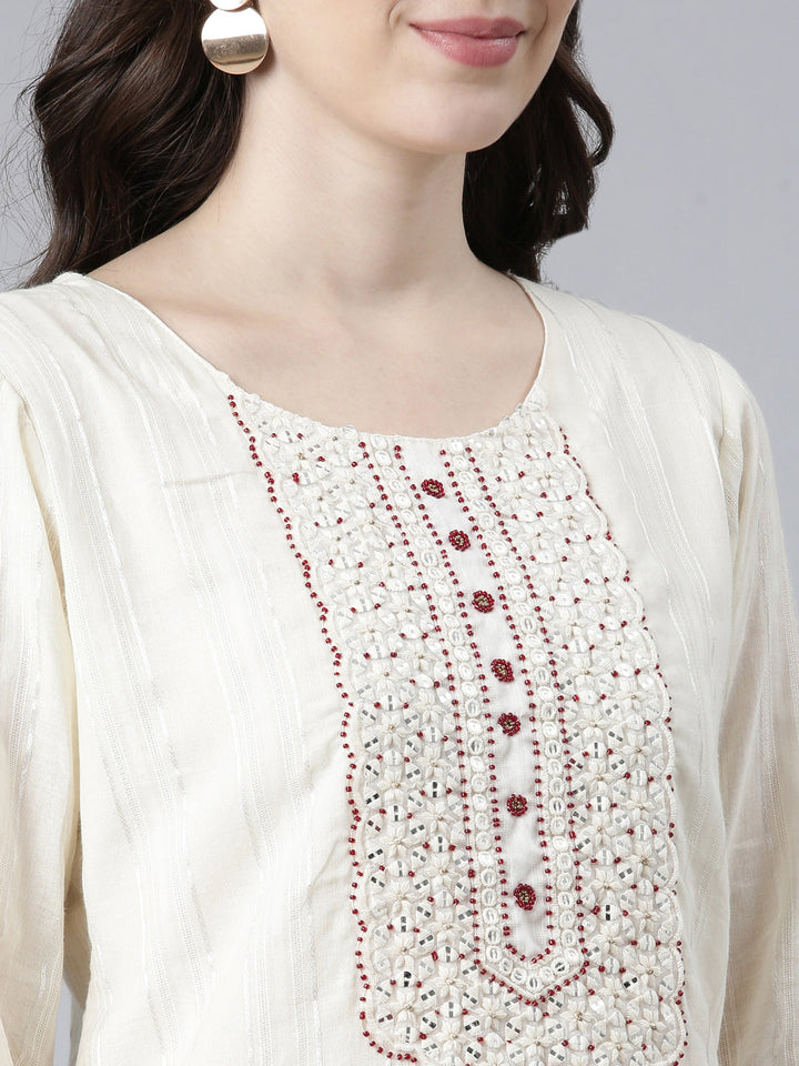 Neerus White cotton solid kurta set with trouser and dupatta - detail view 1