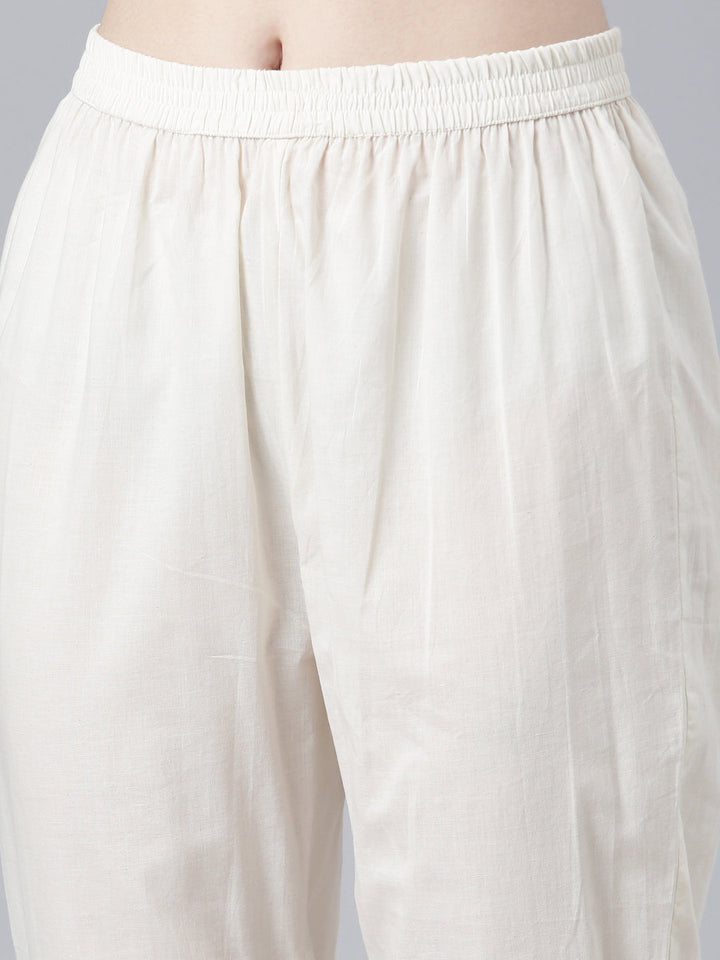 Neerus White cotton solid kurta set with trouser and dupatta - detail view 3