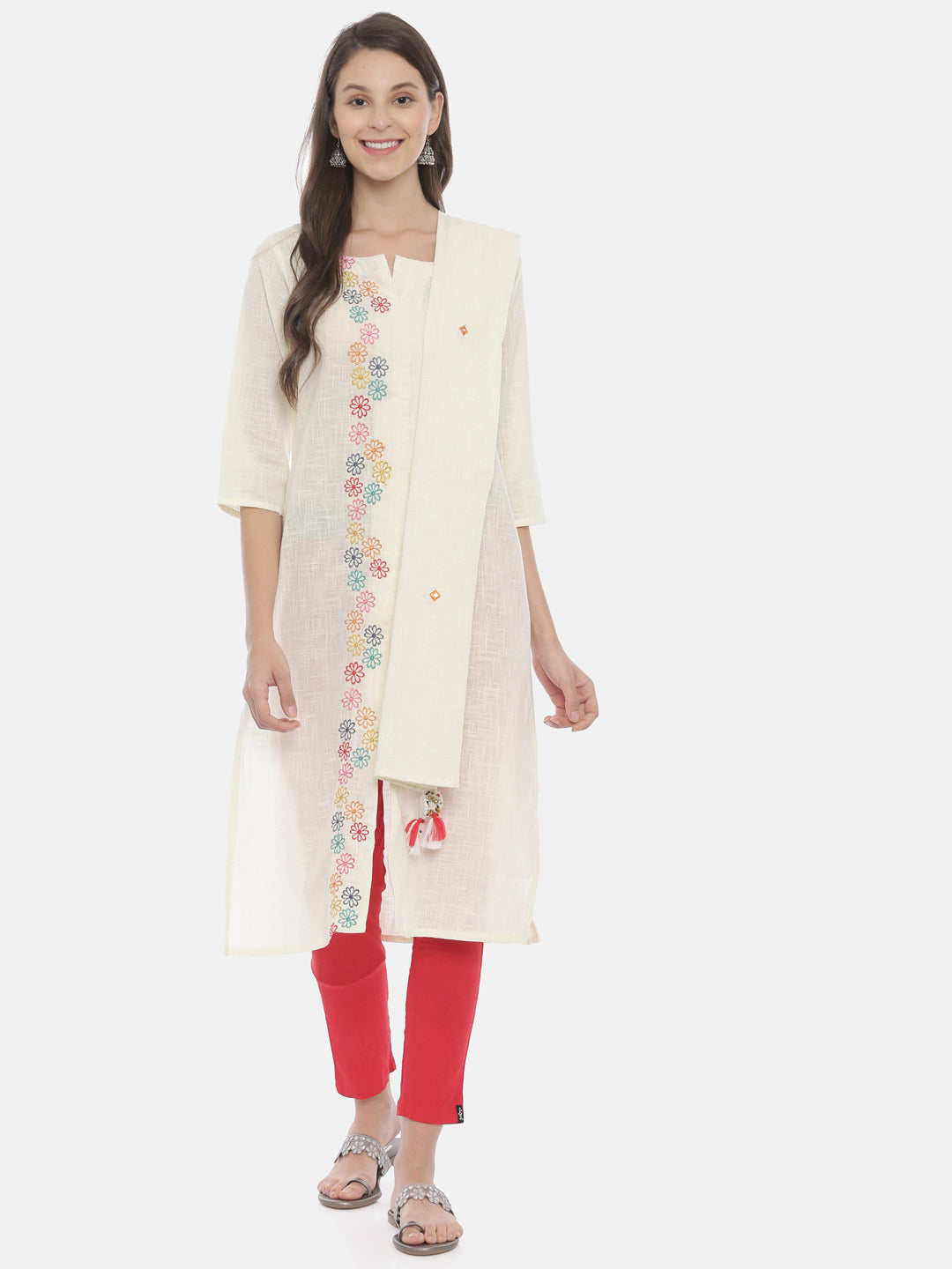 Neerus Beige slub cotton embroidered A-line kurti - front view