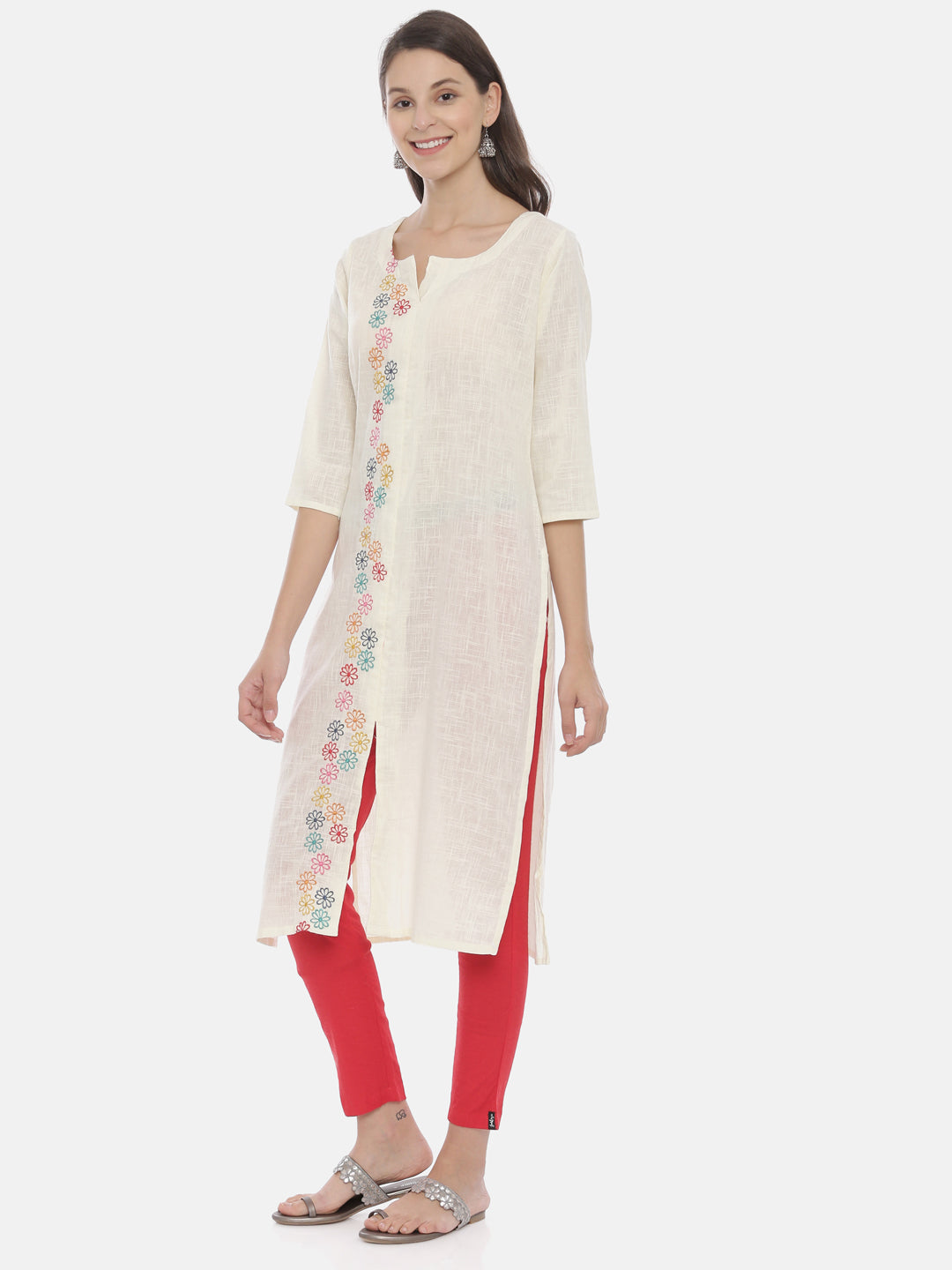 Neerus Beige slub cotton embroidered A-line kurti - back view