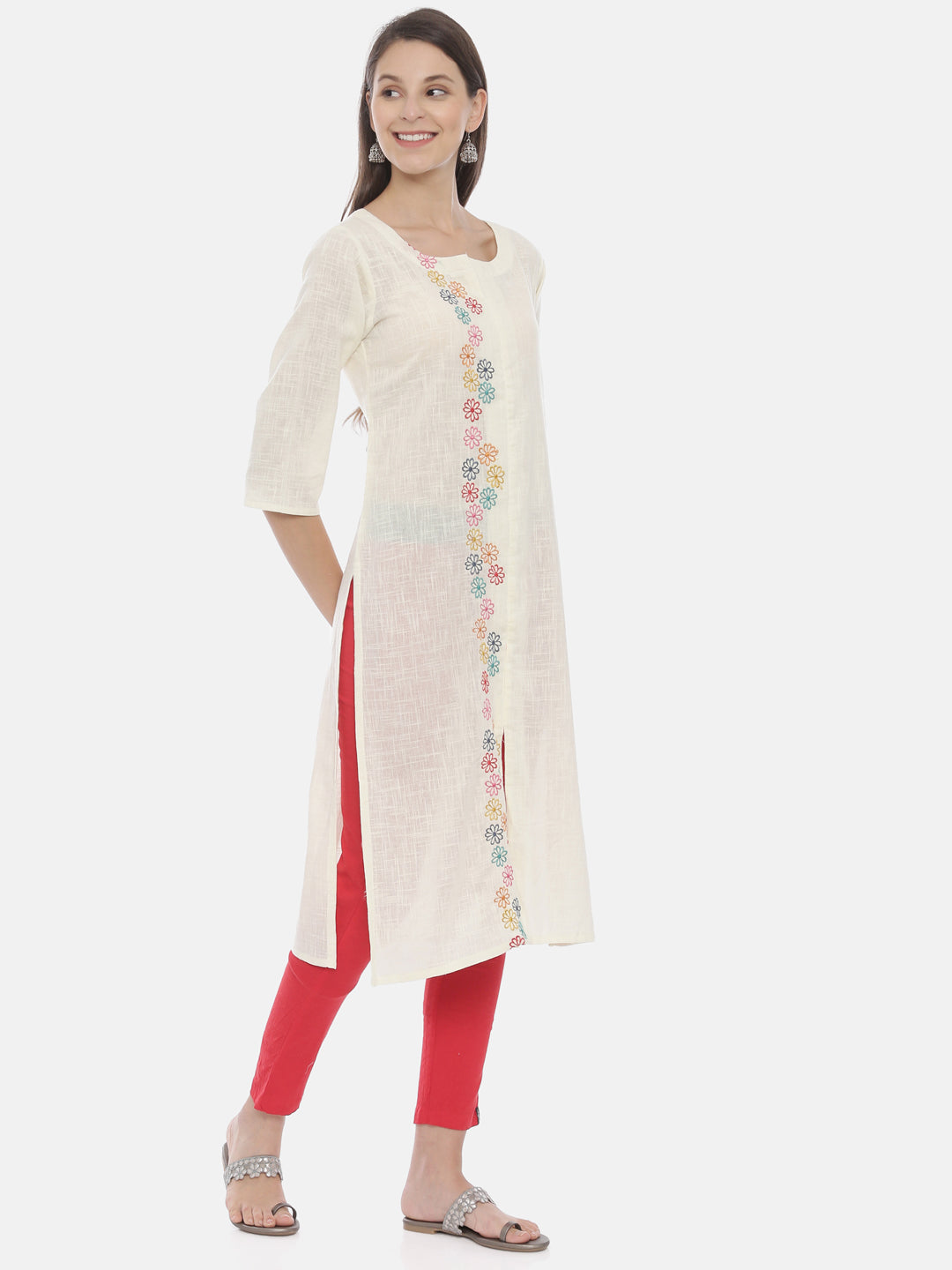 Neerus Beige slub cotton embroidered A-line kurti - side view