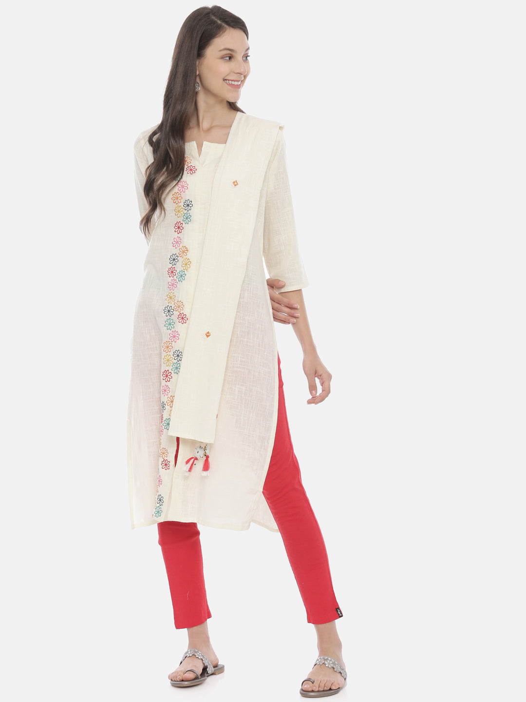 Neerus Beige slub cotton embroidered A-line kurti - detail view 3
