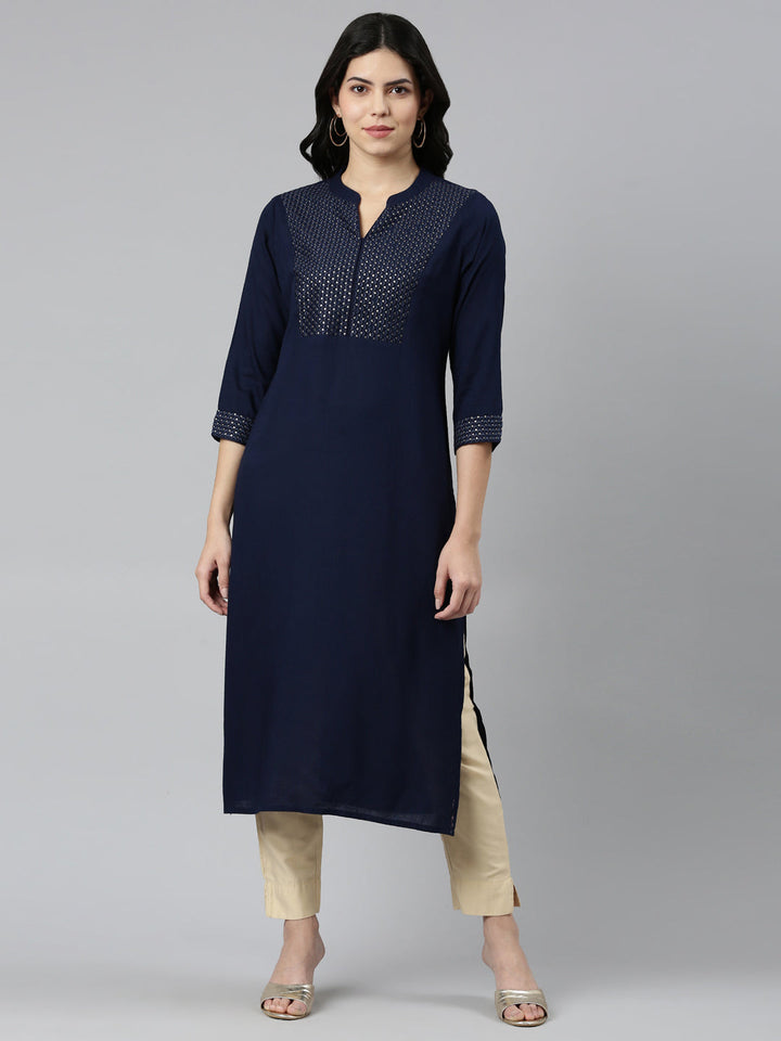 Neerus Blue solid tiered straight kurti - front view