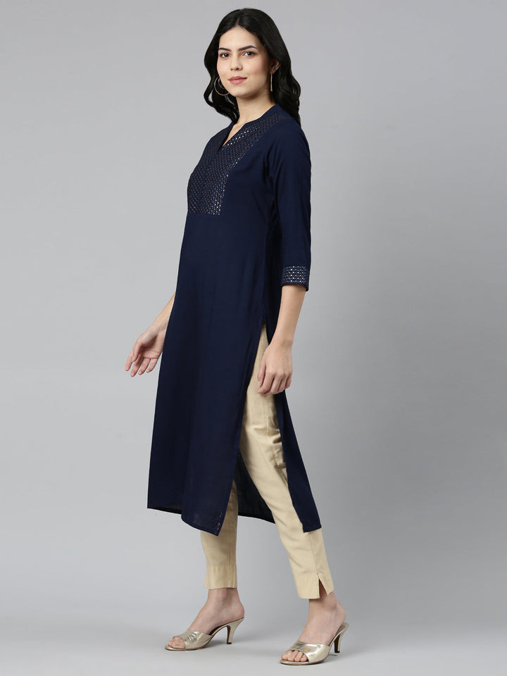 Neerus Blue solid tiered straight kurti - back view