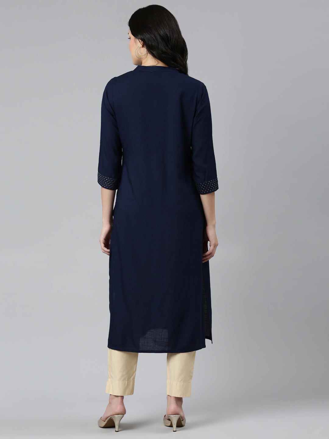 Neerus Blue solid tiered straight kurti - side view