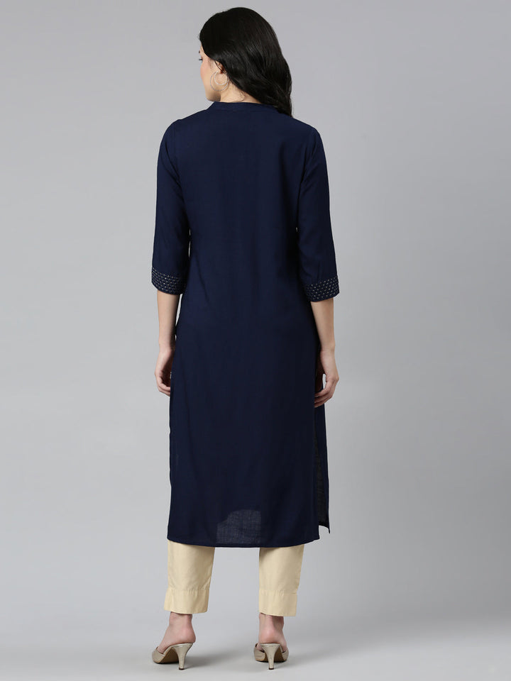Neerus Blue solid tiered straight kurti - side view