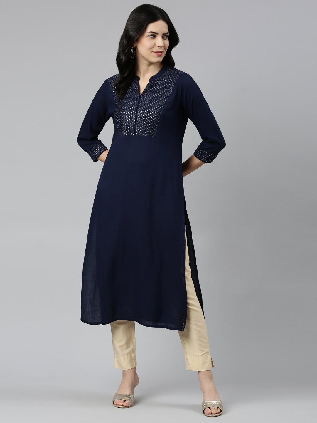 Neerus Blue solid tiered straight kurti - detail view 2