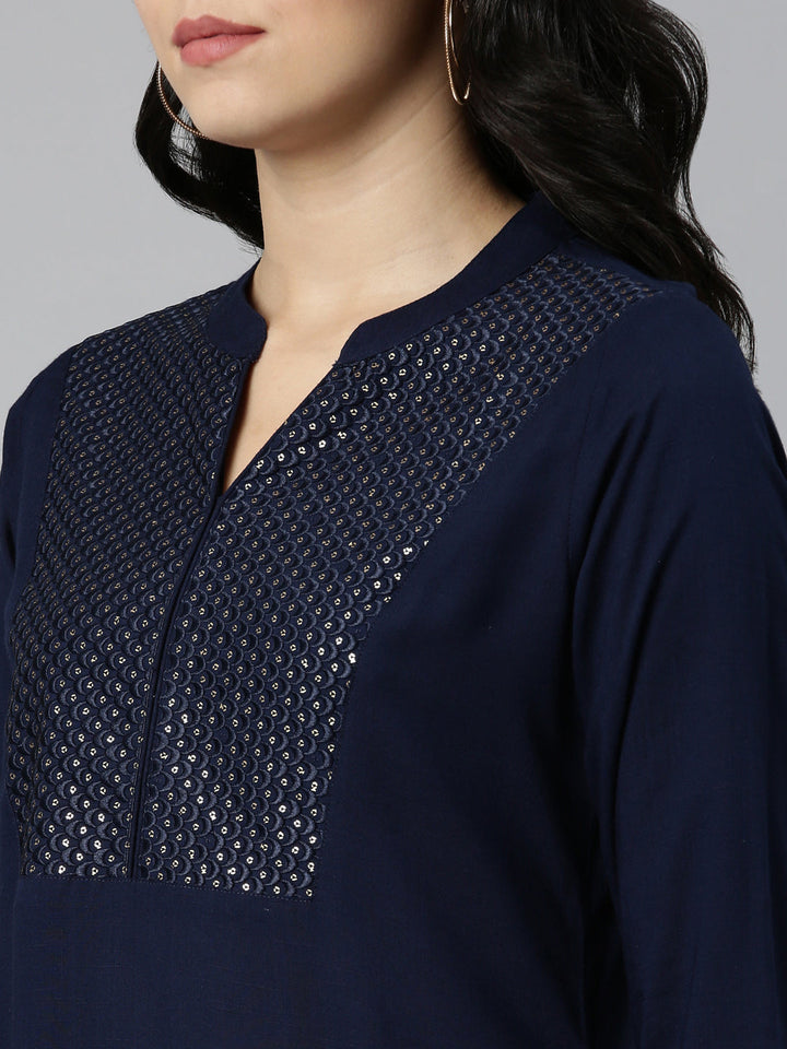 Neerus Blue solid tiered straight kurti - detail view 1