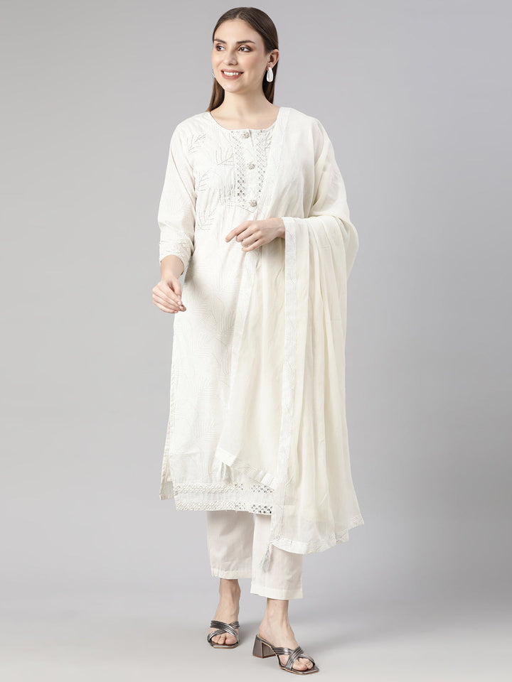 Neerus White floral printed straight suit set - front view