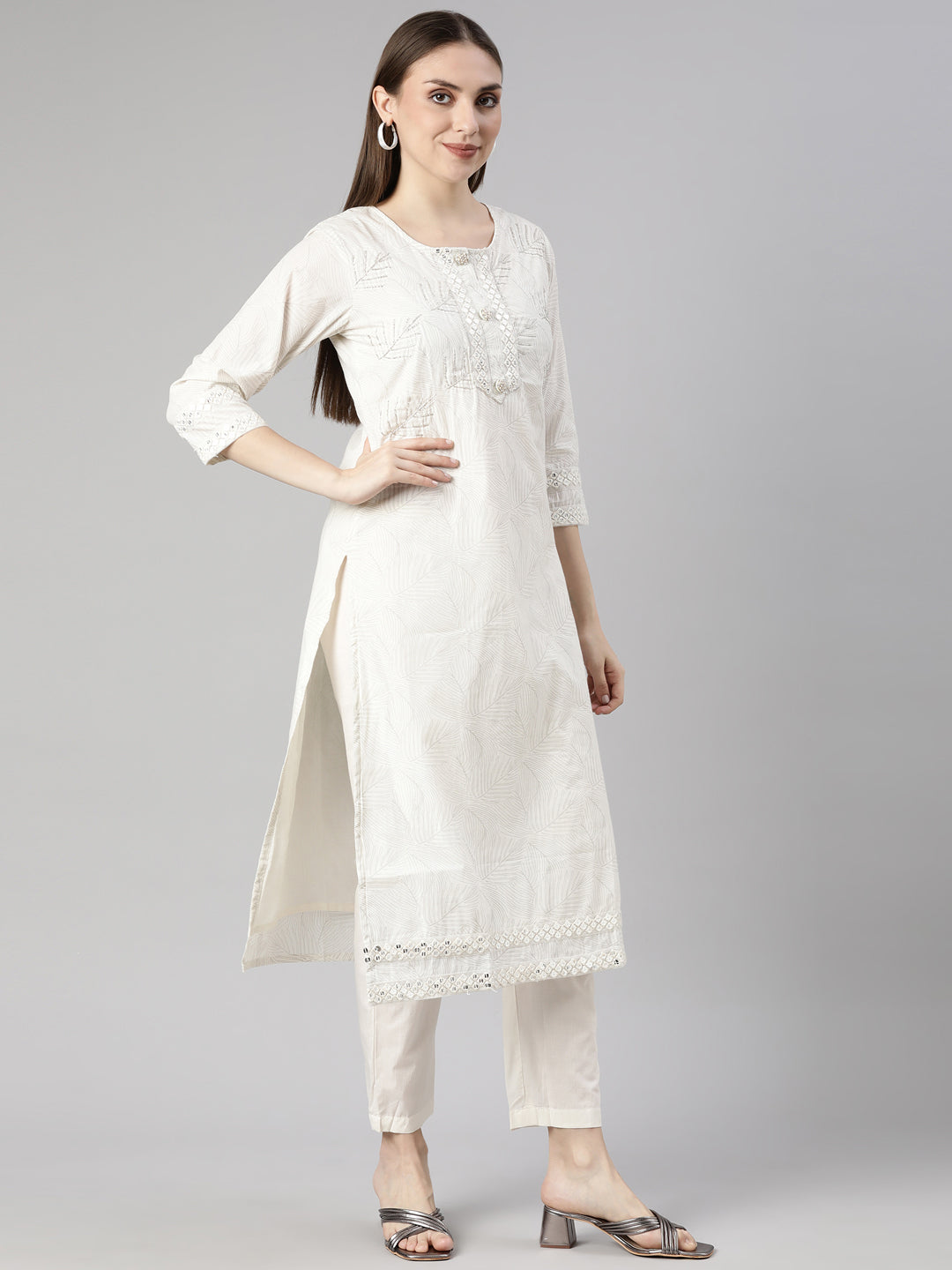 Neerus White floral printed straight suit set - back view