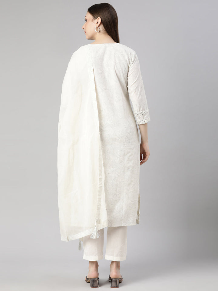 Neerus White floral printed straight suit set - side view