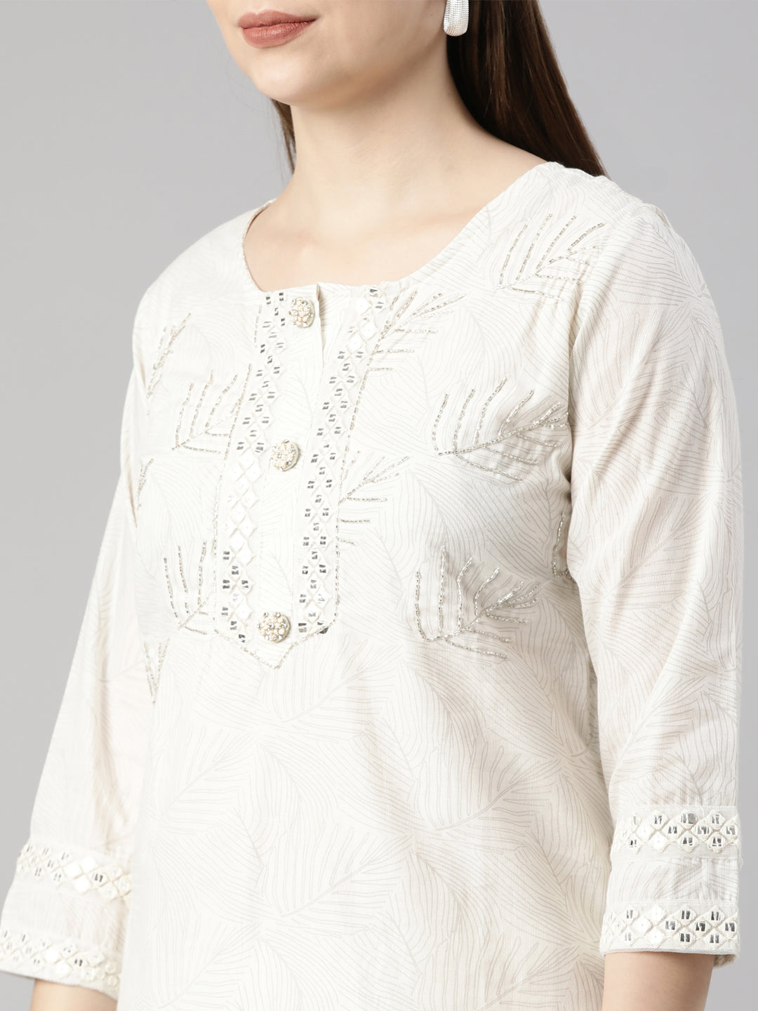 Neerus White floral printed straight suit set - detail view 1