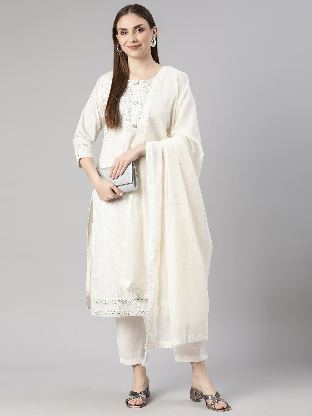 Neerus White floral printed straight suit set - detail view 2