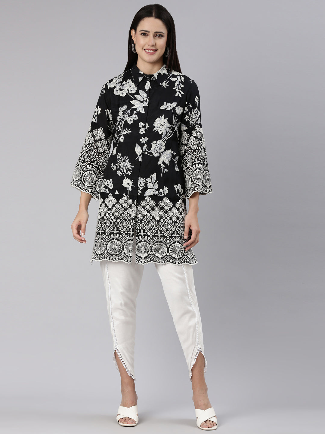 Neerus Black muslin printed kurta set - front view