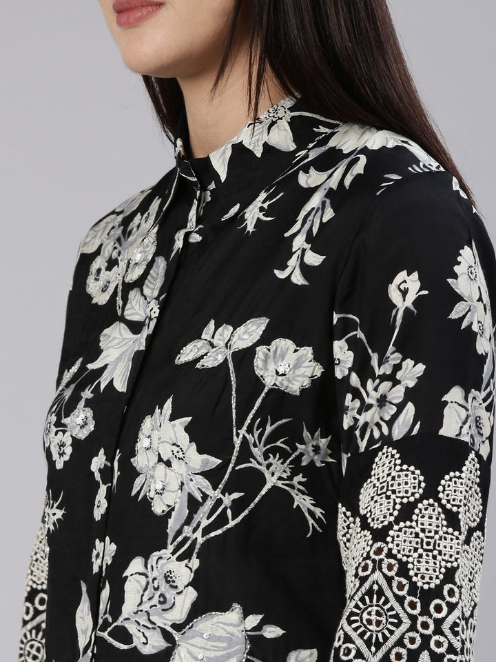 Neerus Black muslin printed kurta set - detail view 1