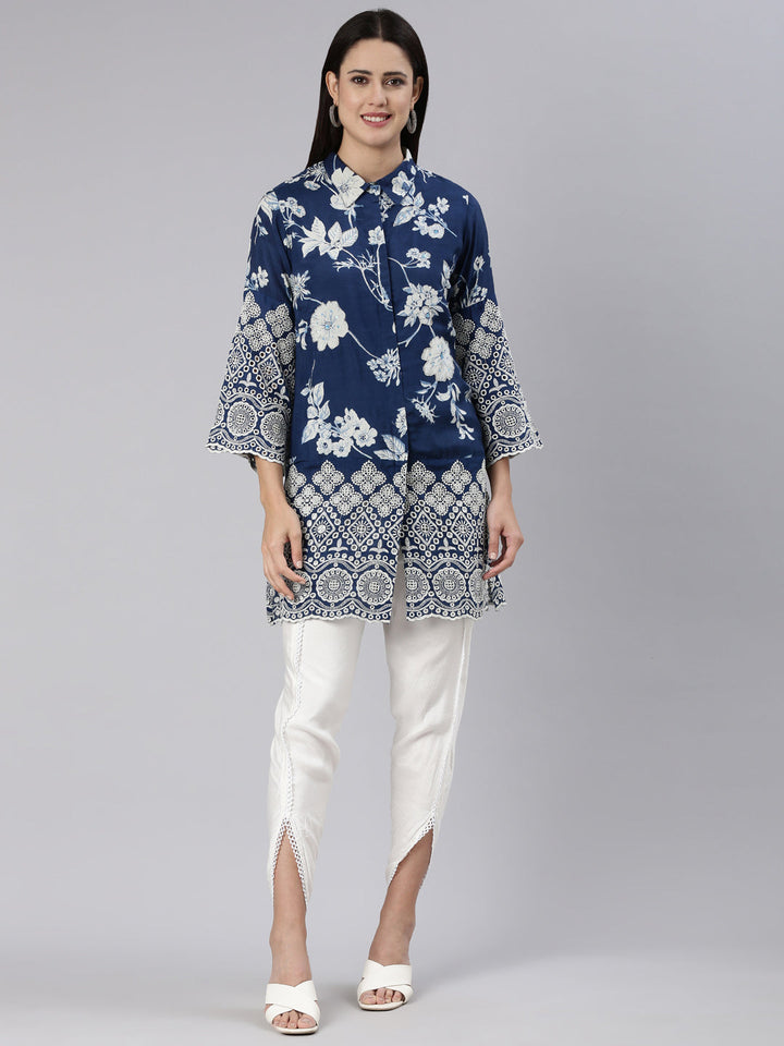 Neerus Blue printed straight kurta set - front view