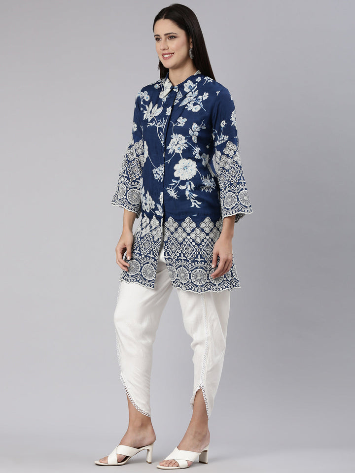 Neerus Blue printed straight kurta set - back view
