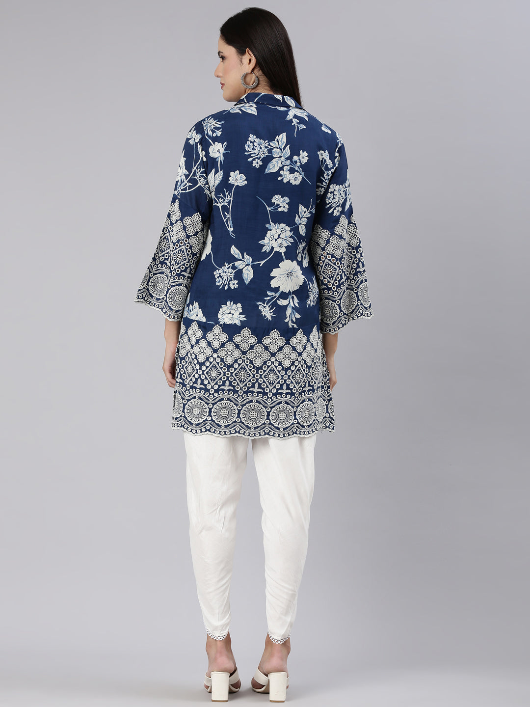 Neerus Blue printed straight kurta set - side view