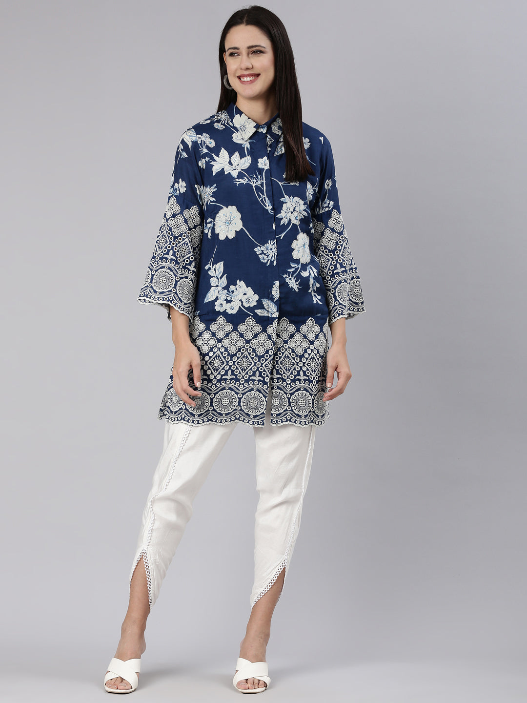Neerus Blue printed straight kurta set - detail view 2