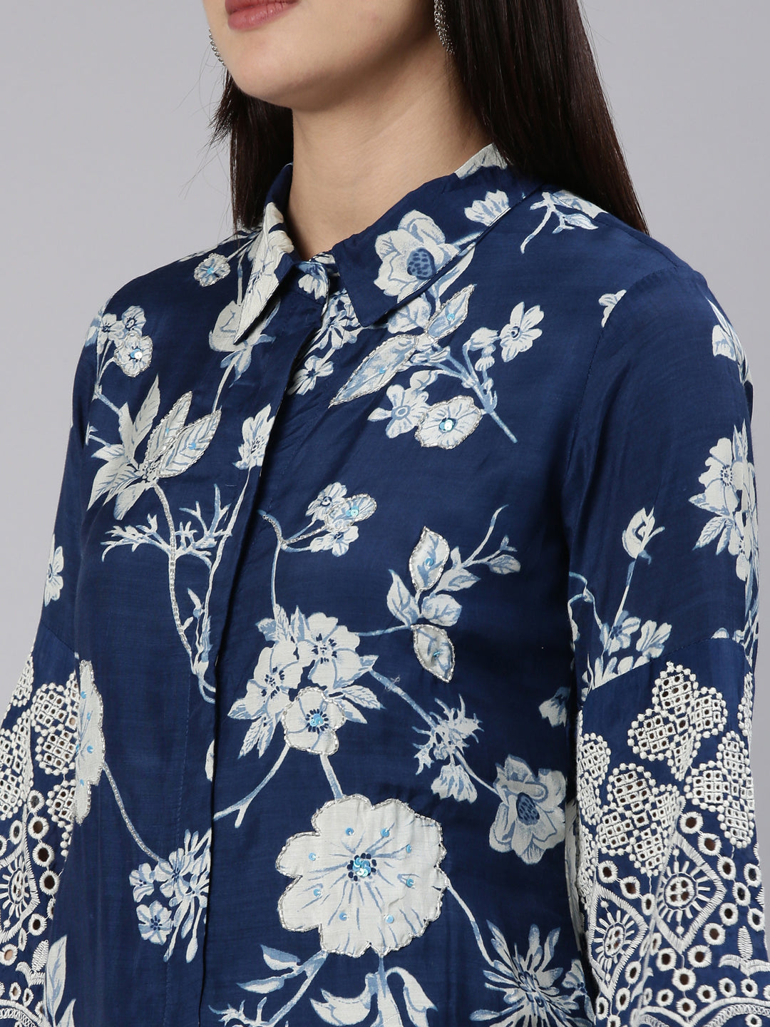 Neerus Blue printed straight kurta set - detail view 1