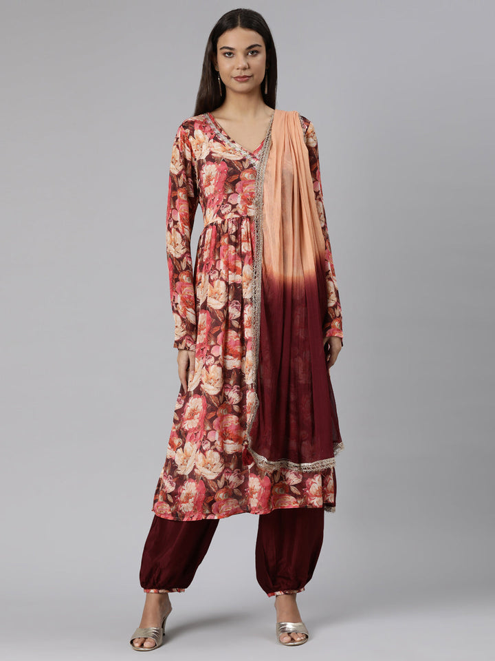 Neerus Peach Regular Straight Floral Kurta And Salwar With Dupatta