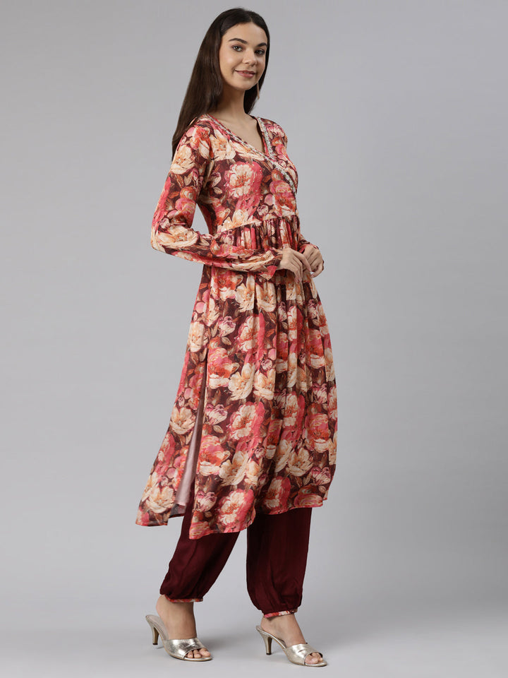 Neerus Peach Regular Straight Floral Kurta And Salwar With Dupatta