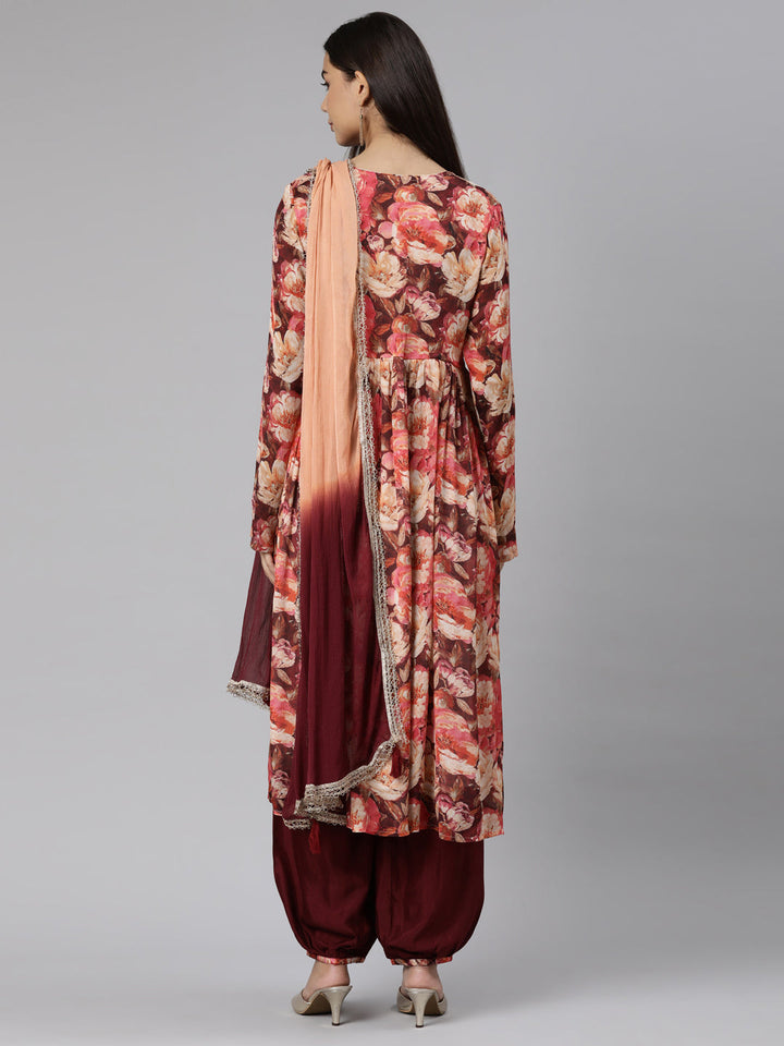 Neerus Peach Regular Straight Floral Kurta And Salwar With Dupatta