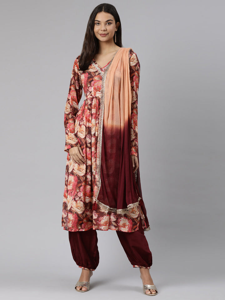 Neerus Peach Regular Straight Floral Kurta And Salwar With Dupatta