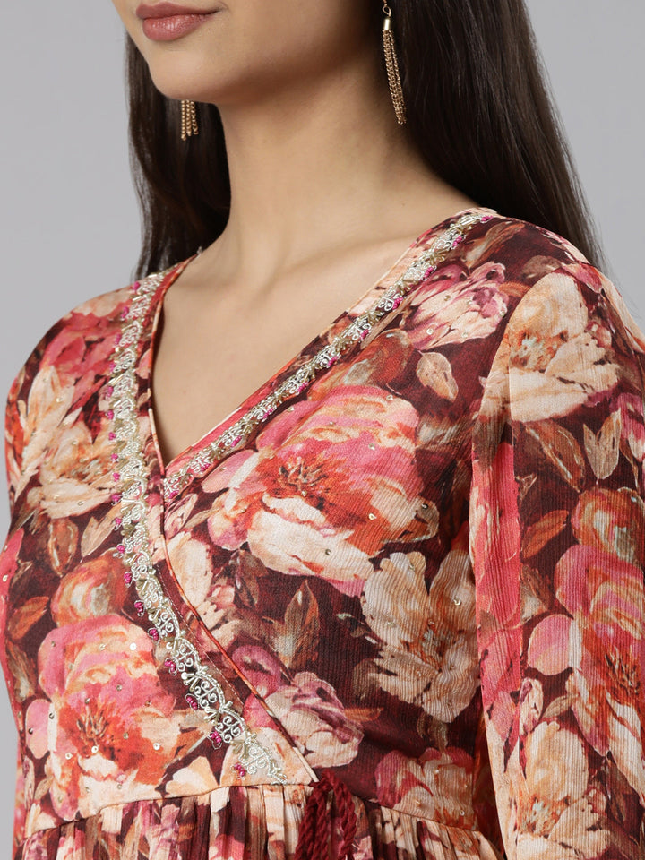 Neerus Peach Regular Straight Floral Kurta And Salwar With Dupatta