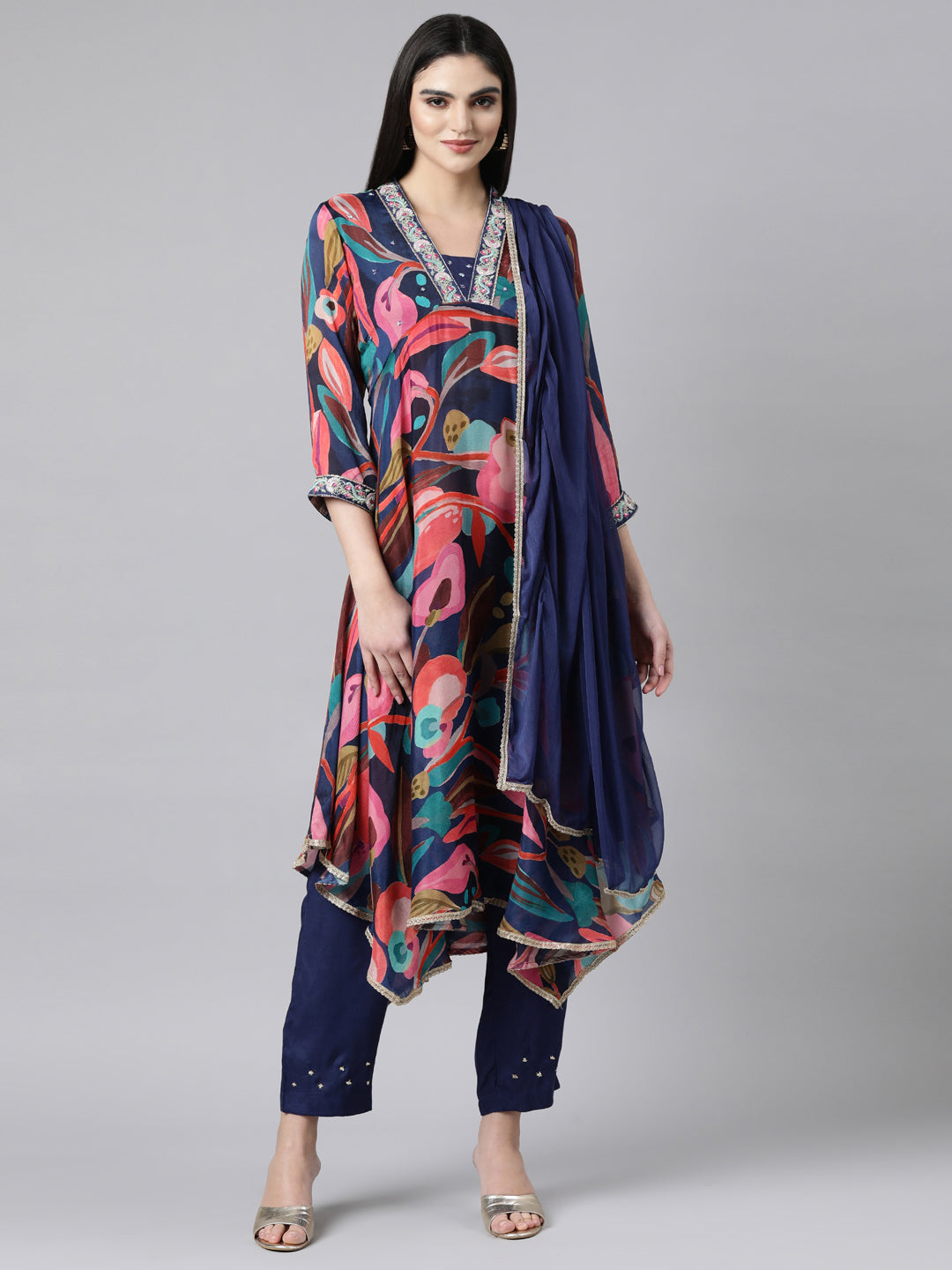 Neerus Multi crepe printed high-low suit set - front view