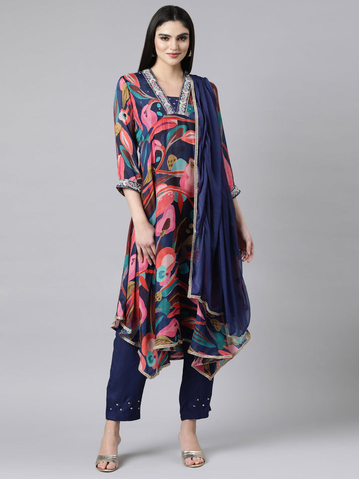 Neerus Multi crepe printed high-low suit set - front view