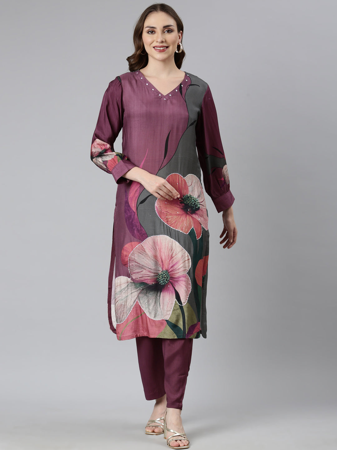 Neerus Purple printed floral straight suit set - front view