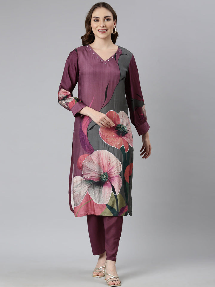 Neerus Purple printed floral straight suit set - front view