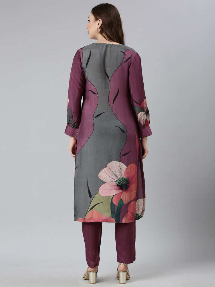 Neerus Purple printed floral straight suit set - side view