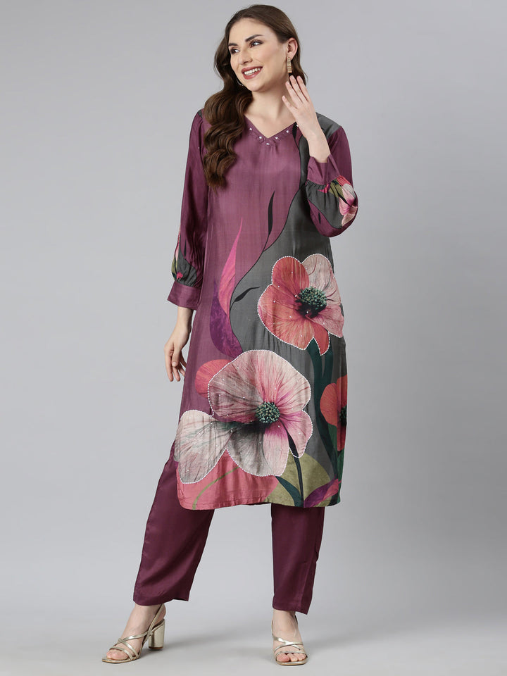 Neerus Purple printed floral straight suit set - detail view 2