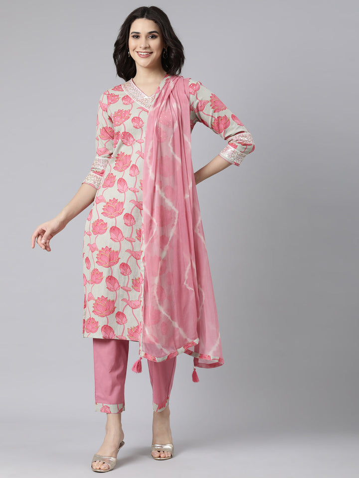 Neerus Pink printed floral suit set - front view