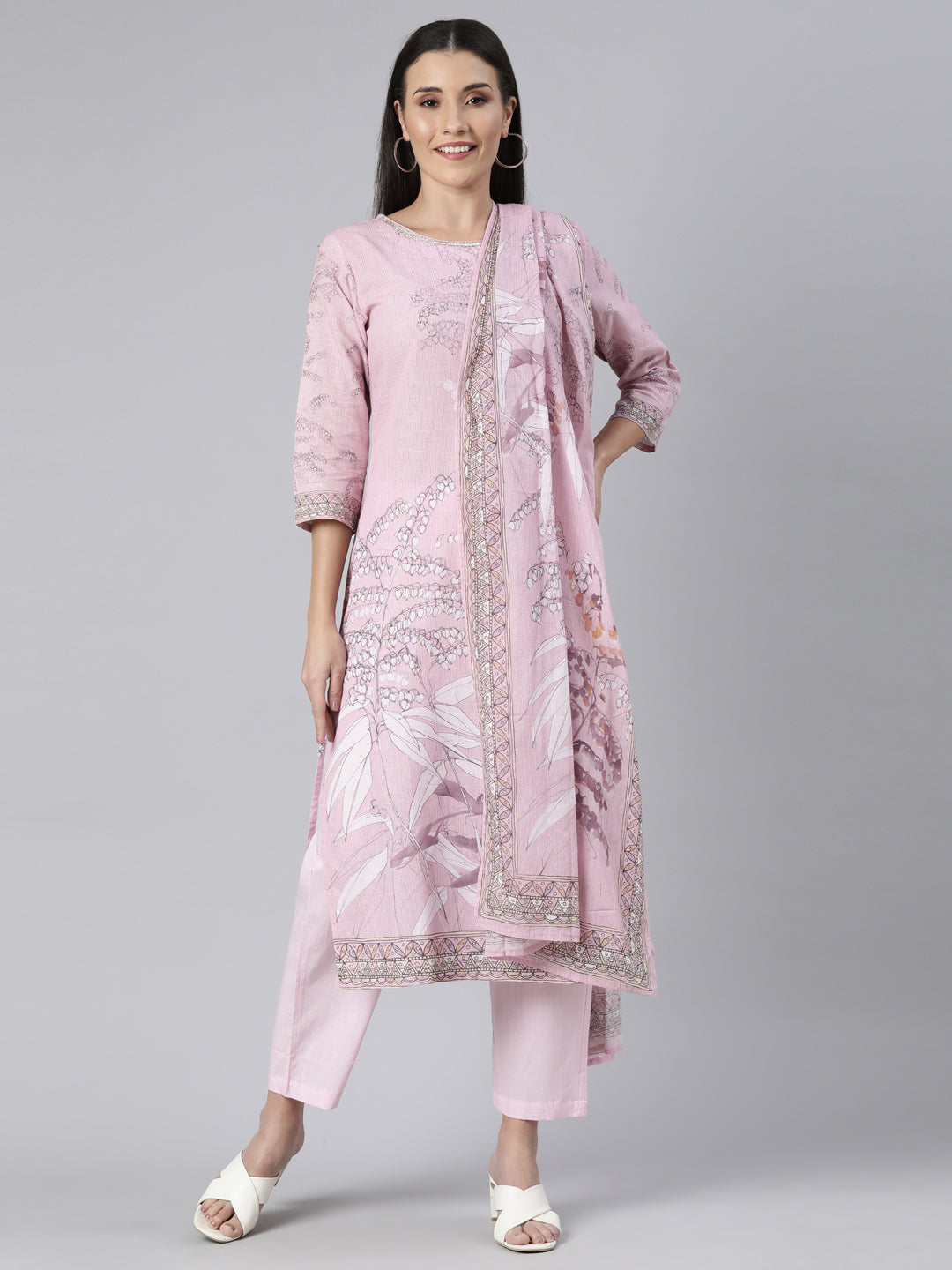Neerus Pink printed floral straight suit set - front view