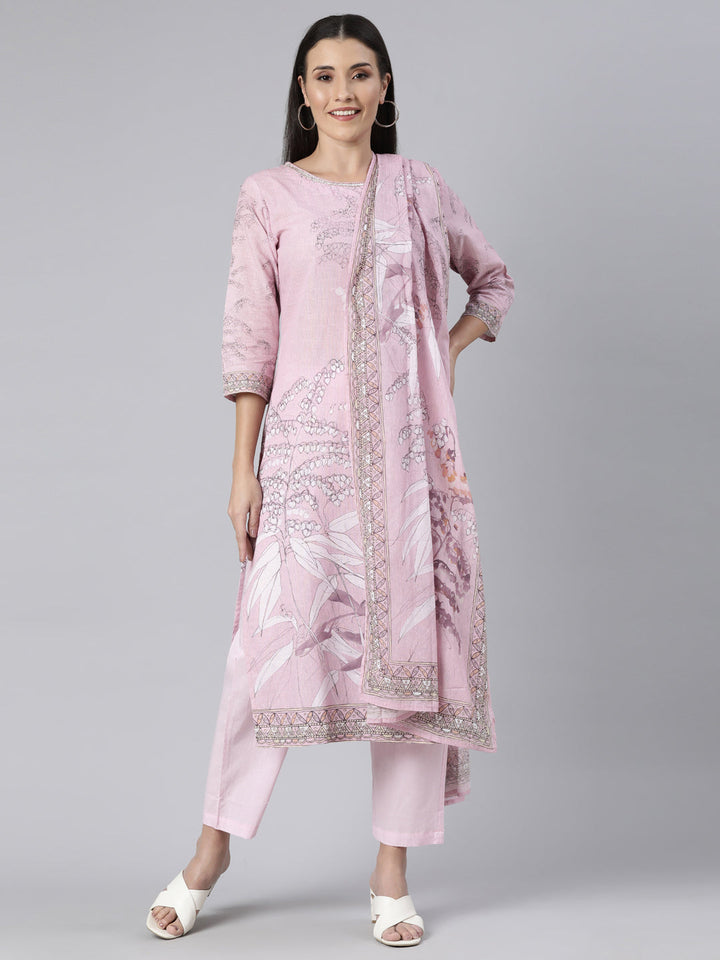 Neerus Pink printed floral straight suit set - front view