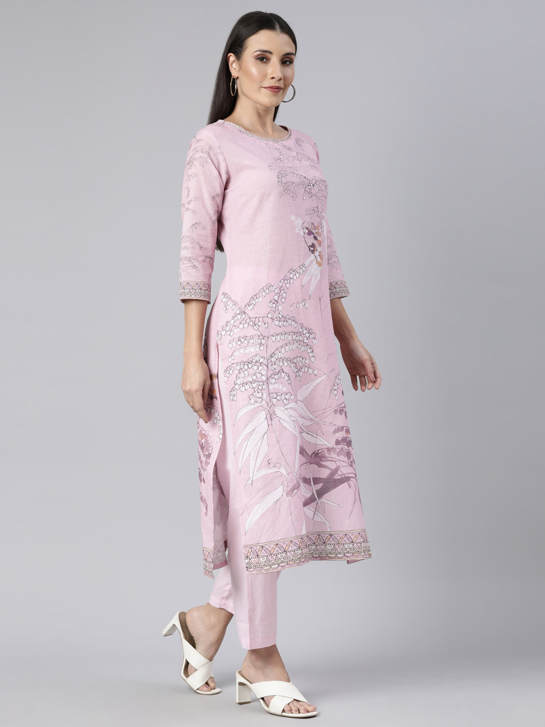 Neerus Pink printed floral straight suit set - back view