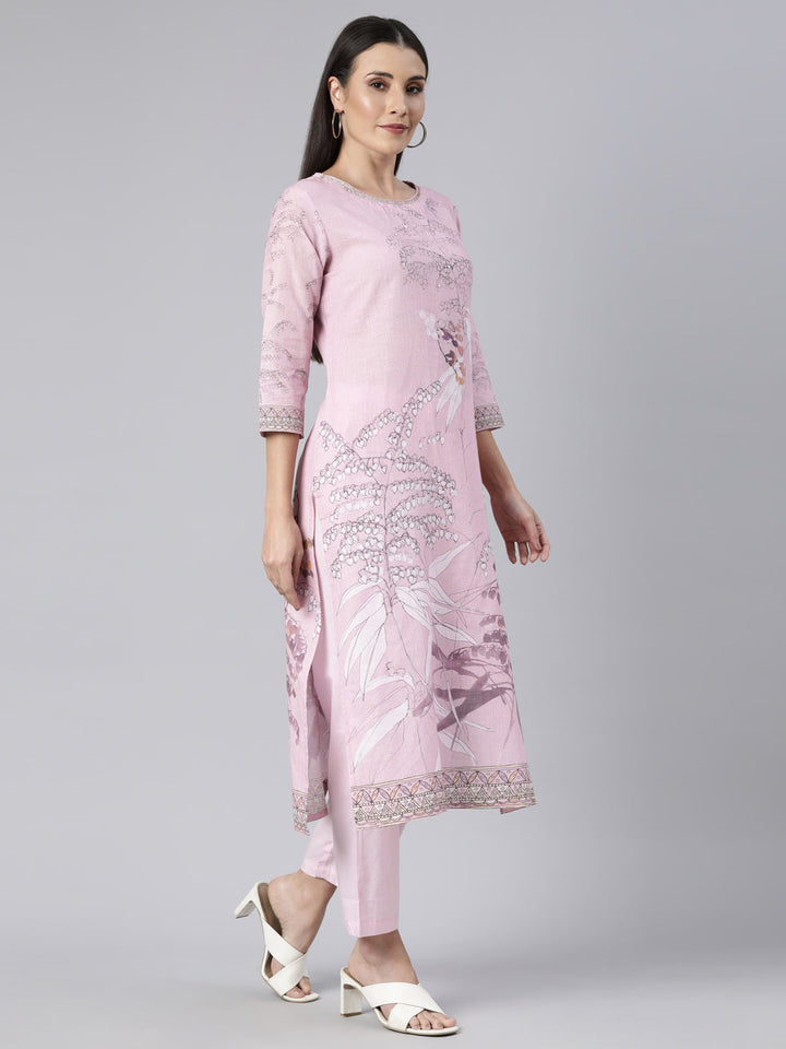 Neerus Pink printed floral straight suit set - back view